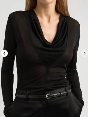 TOTEME Draped V-Neck Semi-Sheer Mesh Top Black SZ M